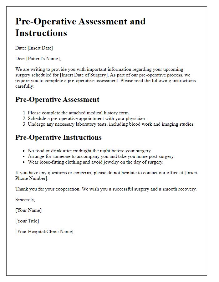 Letter template of pre-operative assessment and instructions