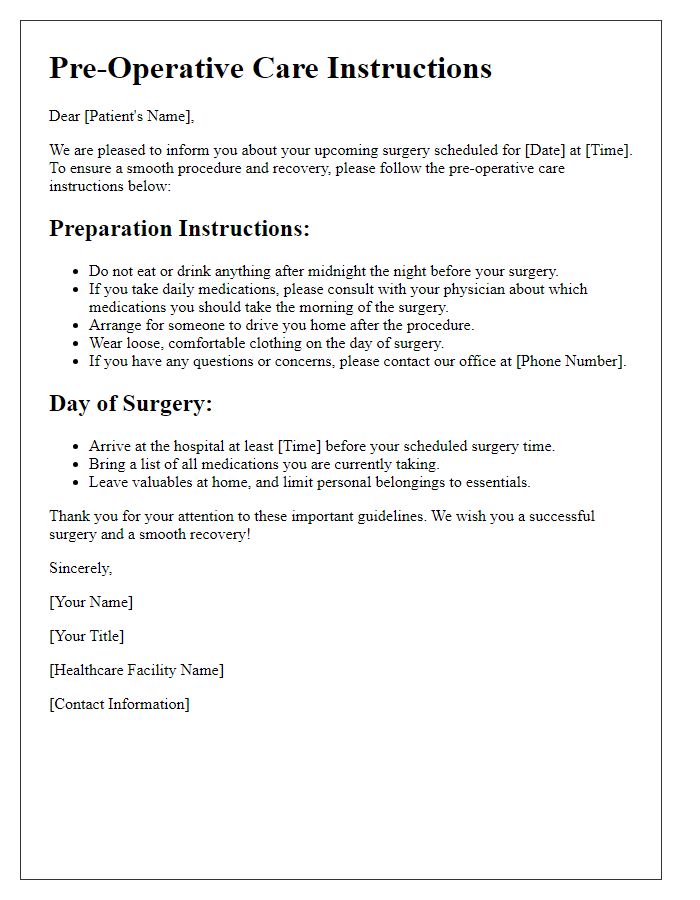 Letter template of pre-operative care instructions