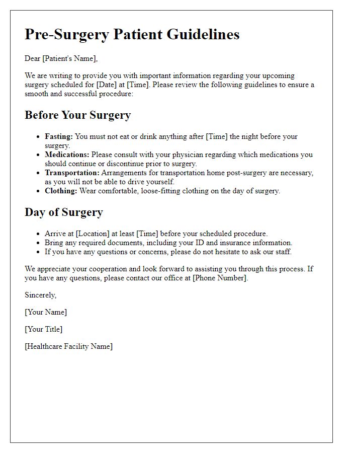 Letter template of pre-surgery patient guidelines