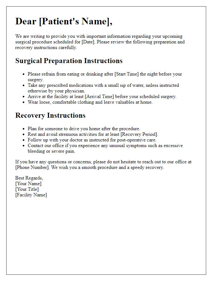 Letter template of surgical prep and recovery information