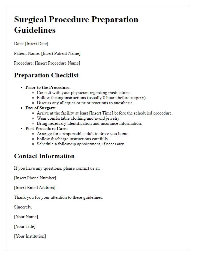 Letter template of surgical procedure preparation guidelines