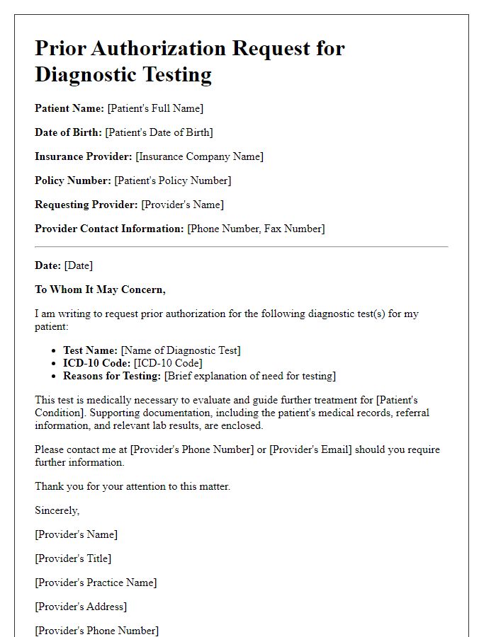 Letter template of prior authorization request for diagnostic testing