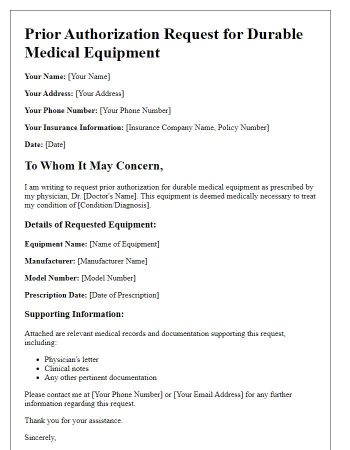 Letter template of prior authorization request for durable medical equipment