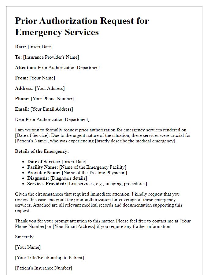 Letter template of prior authorization request for emergency services