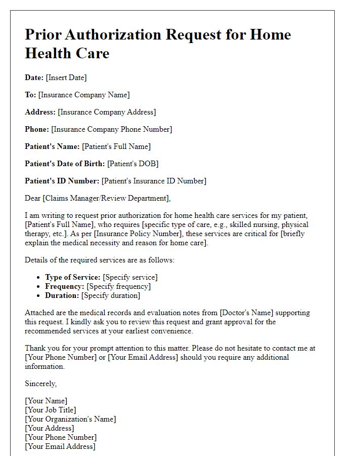 Letter template of prior authorization request for home health care