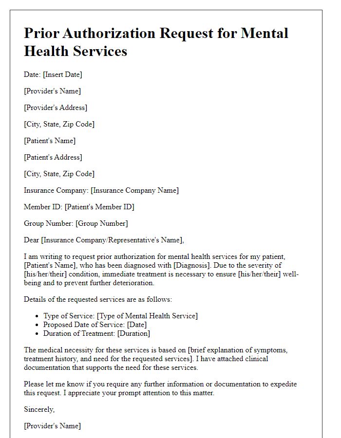 Letter template of prior authorization request for mental health services