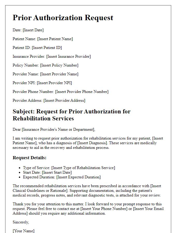 Letter template of prior authorization request for rehabilitation services