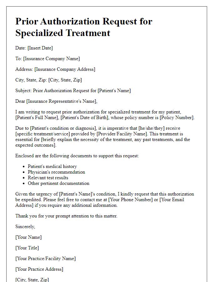 Letter template of prior authorization request for specialized treatment