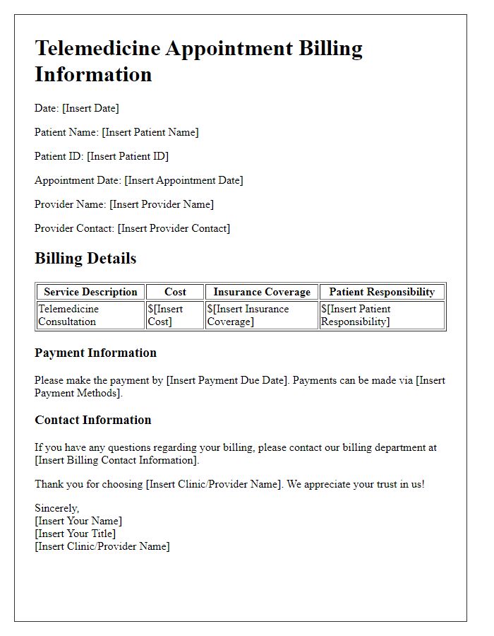 Letter template of telemedicine appointment billing information