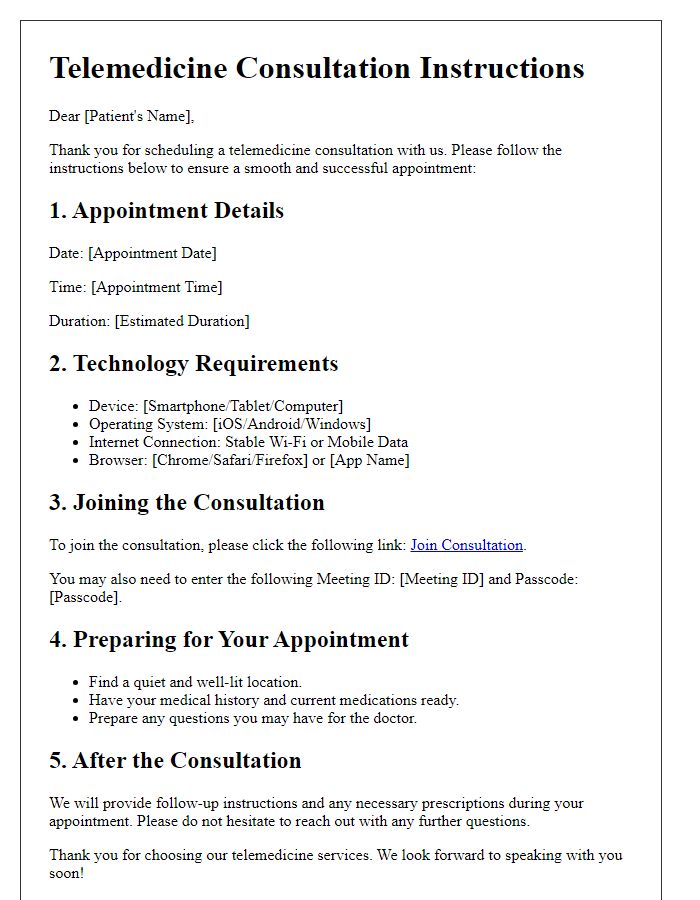 Letter template of telemedicine consultation instructions