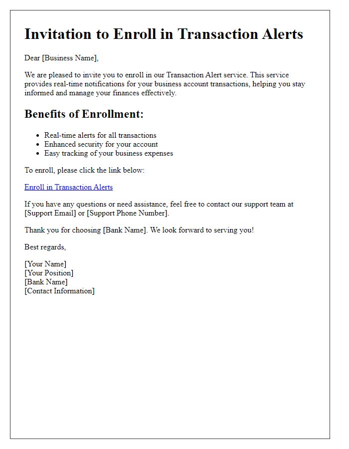 Letter template of transaction alert enrollment invitation for business accounts