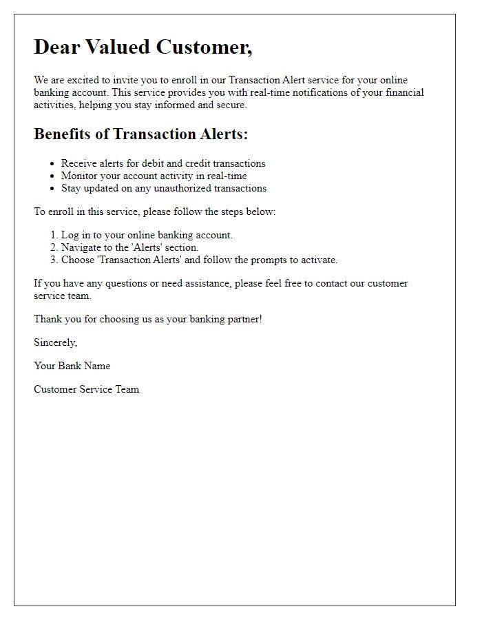 Letter template of transaction alert enrollment invitation for online banking customers