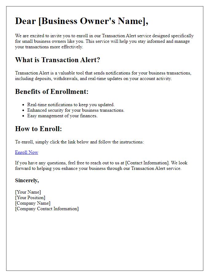 Letter template of transaction alert enrollment invitation for small business owners