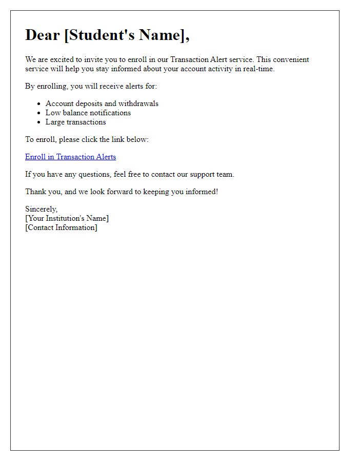 Letter template of transaction alert enrollment invitation for students