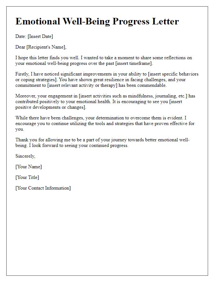 Letter template of emotional well-being progress letter.