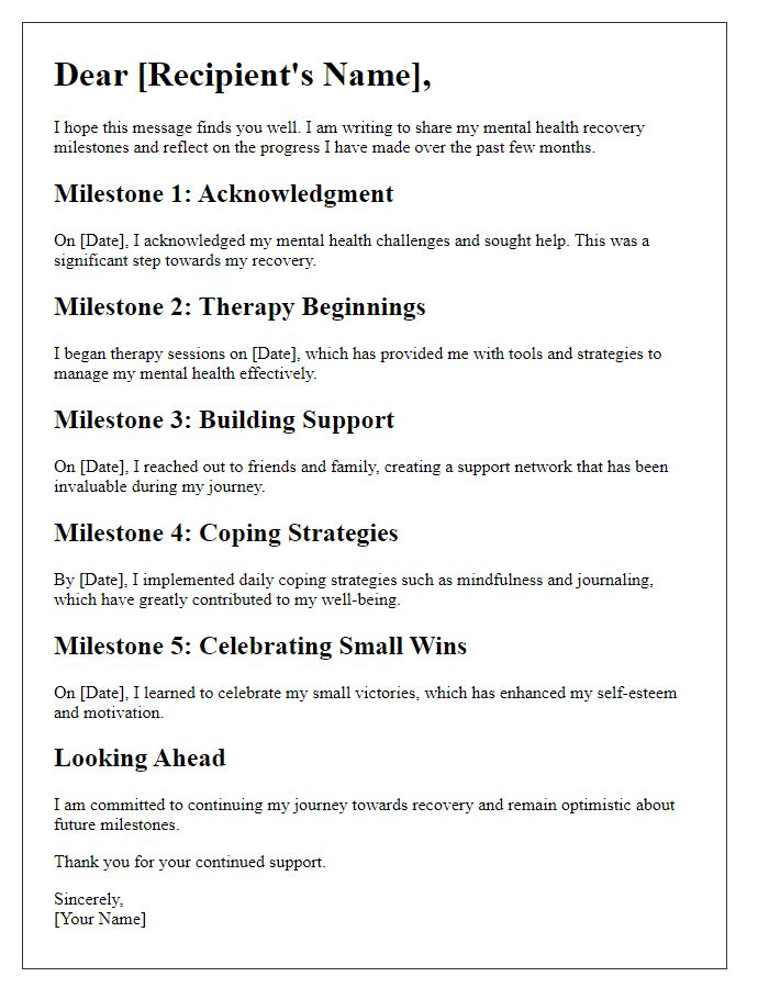 Letter template of mental health recovery milestones.