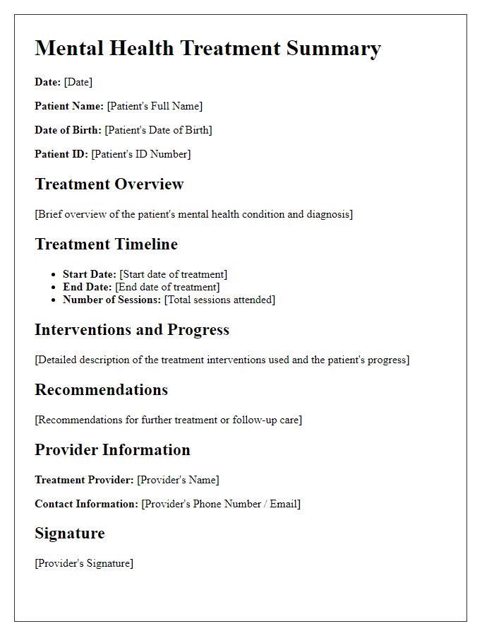 Letter template of mental health treatment summary.