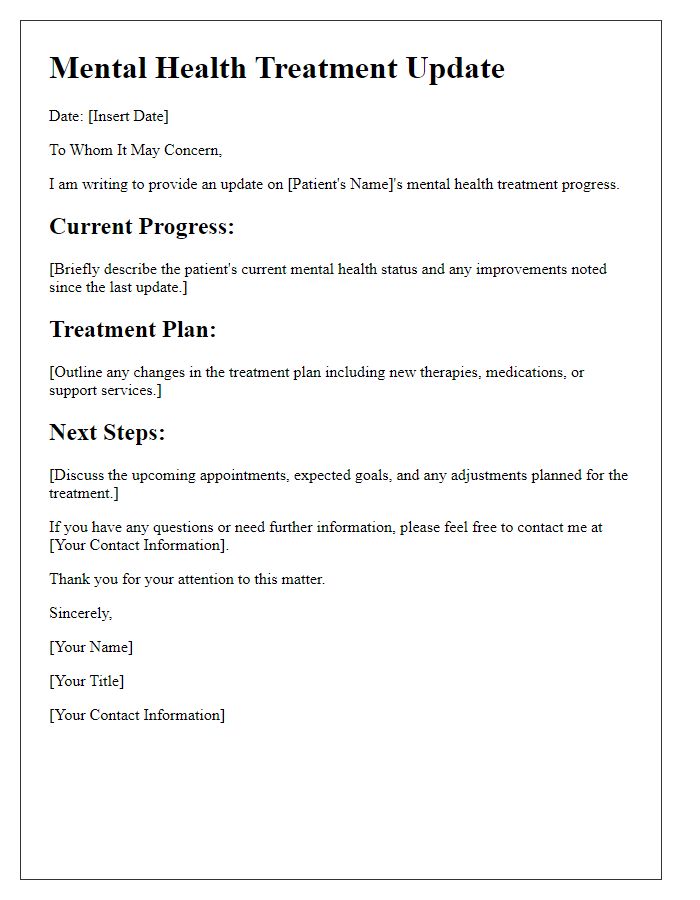 Letter template of mental health treatment update.