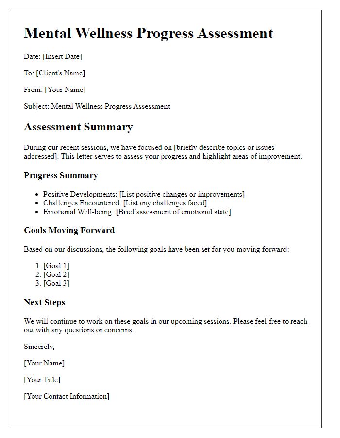 Letter template of mental wellness progress assessment.