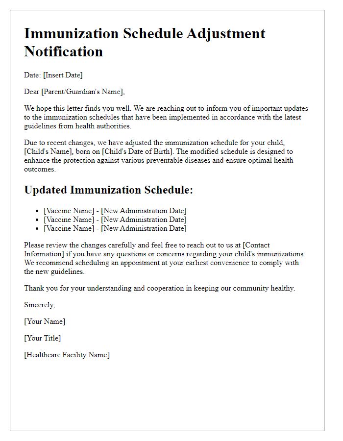 Letter template of immunization schedule adjustment for new guidelines