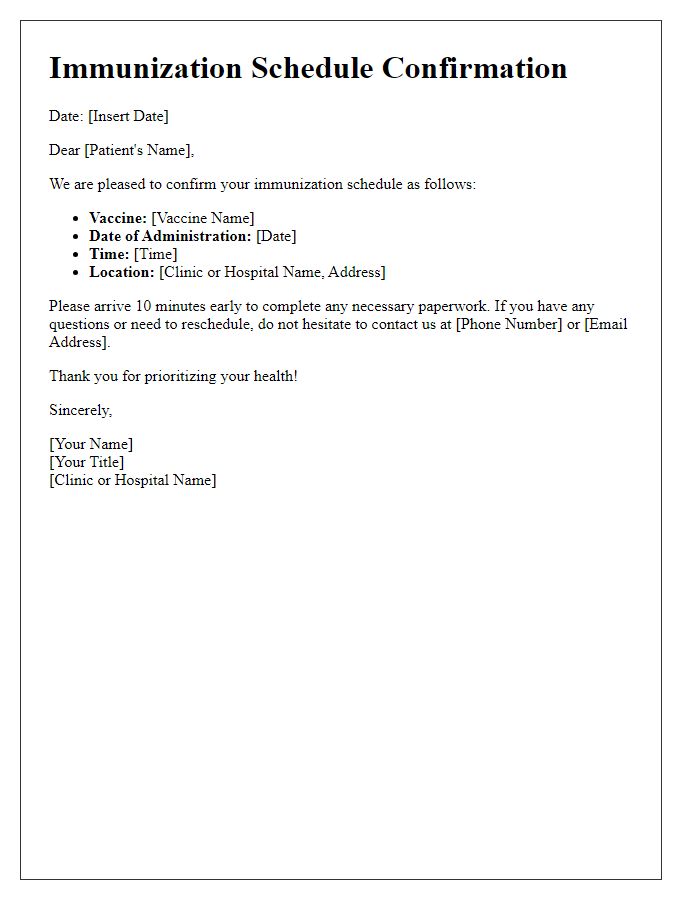 Letter template of immunization schedule confirmation for patients