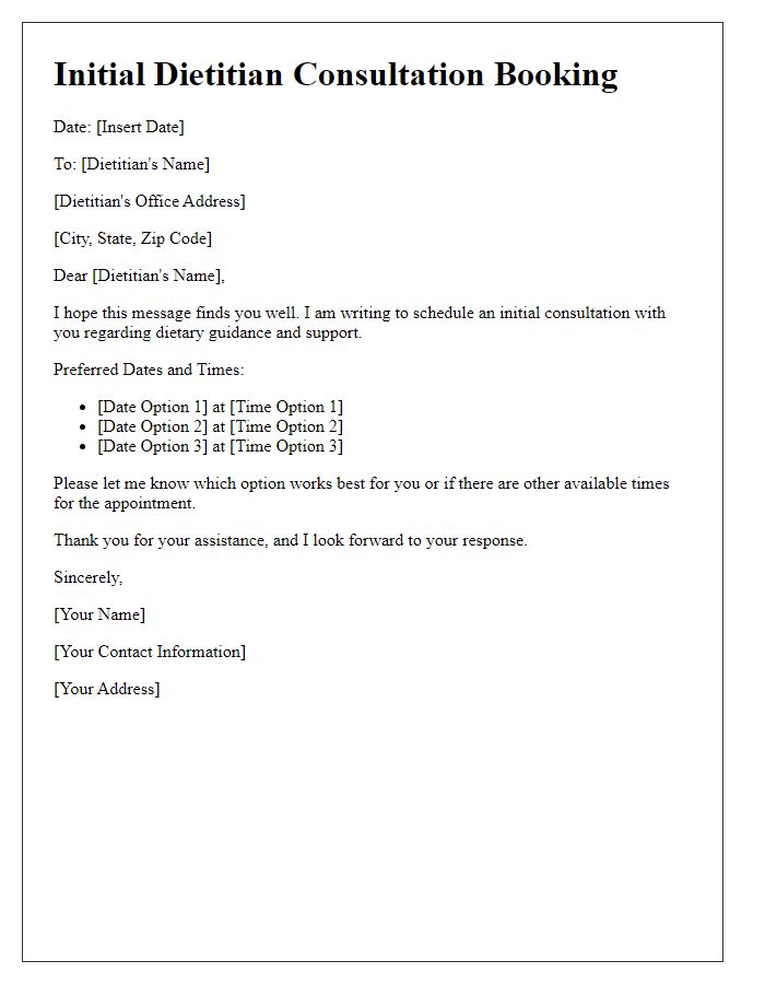 Letter template of booking an initial dietitian consultation.