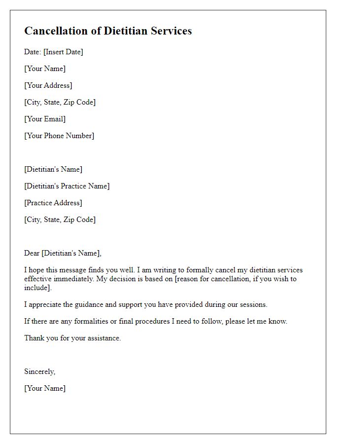 Letter template of cancellation for dietitian services.