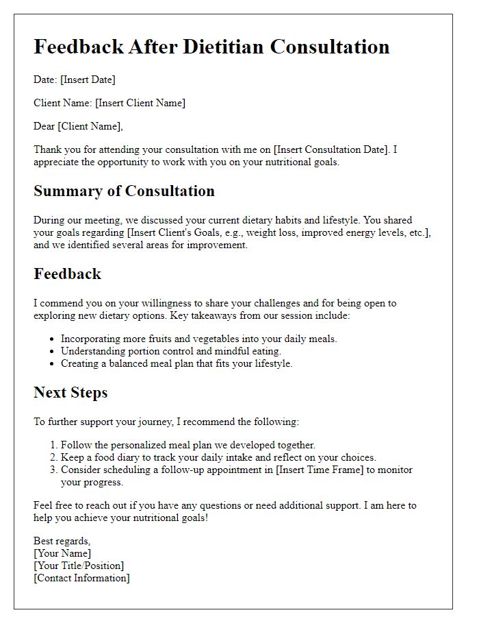 Letter template of feedback after dietitian consultation.