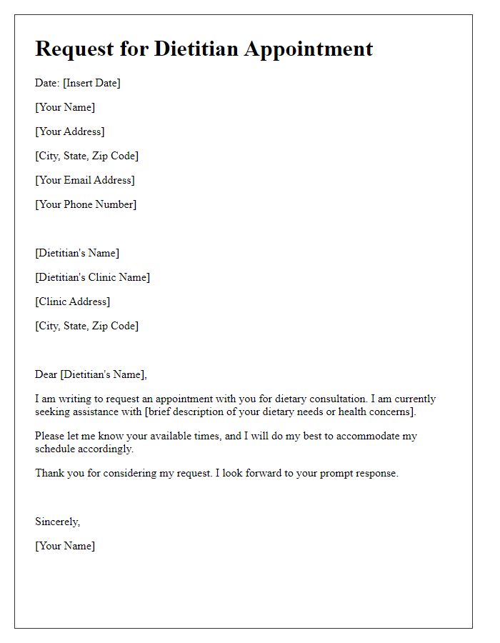 Letter template of request for dietitian appointment.