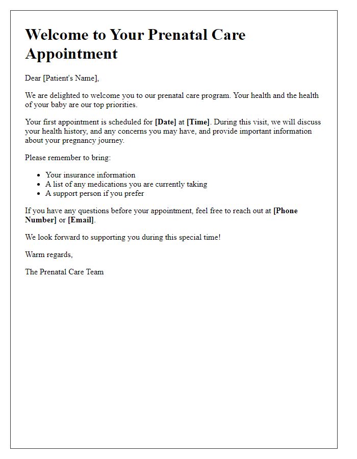 Letter template of prenatal care appointment welcome.