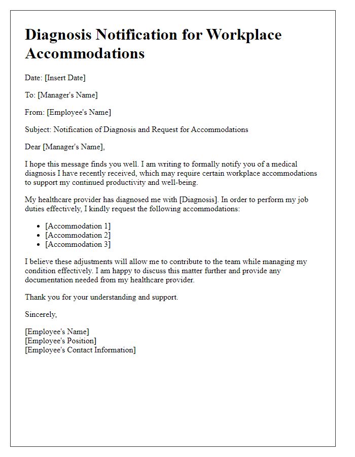 Letter template of diagnosis notification for workplace accommodations.