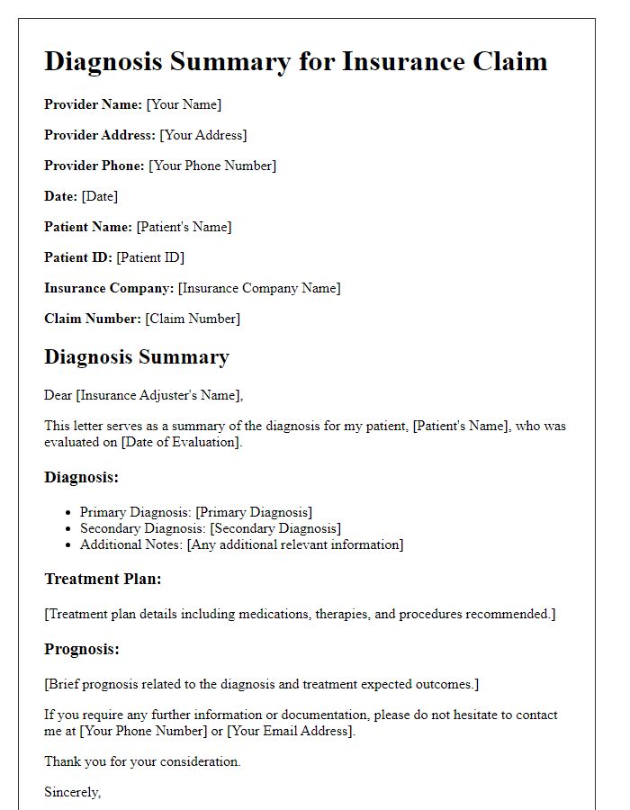 Letter template of diagnosis summary for insurance claims.