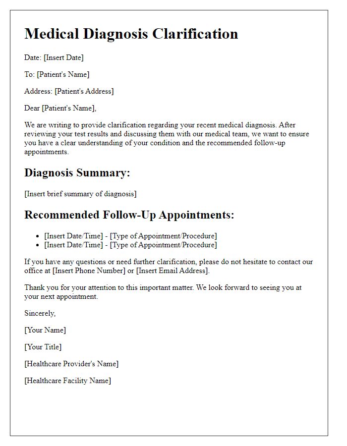 Letter template of medical diagnosis clarification for follow-up appointments.