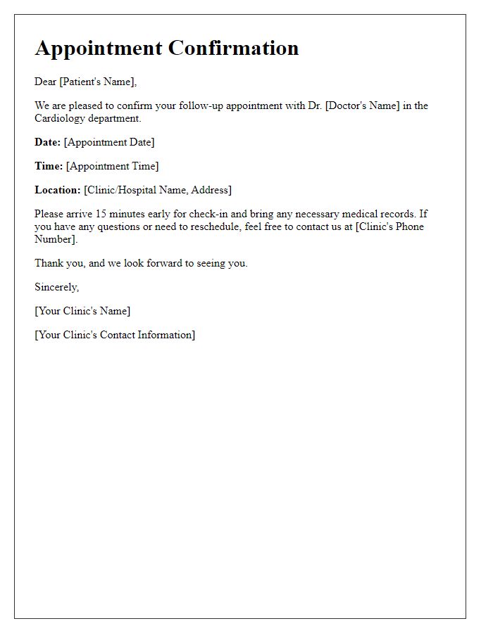 Letter template of cardiology follow-up appointment confirmation.