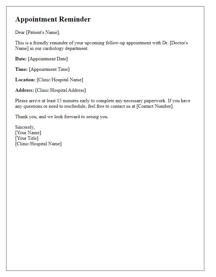 Letter template of cardiology follow-up appointment reminder.