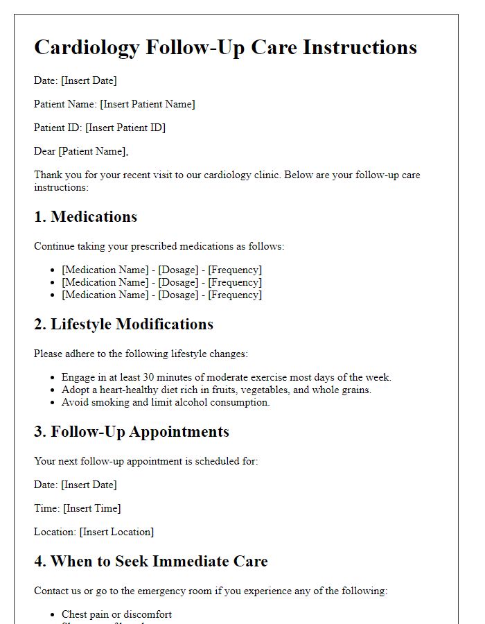 Letter template of cardiology follow-up care instructions.