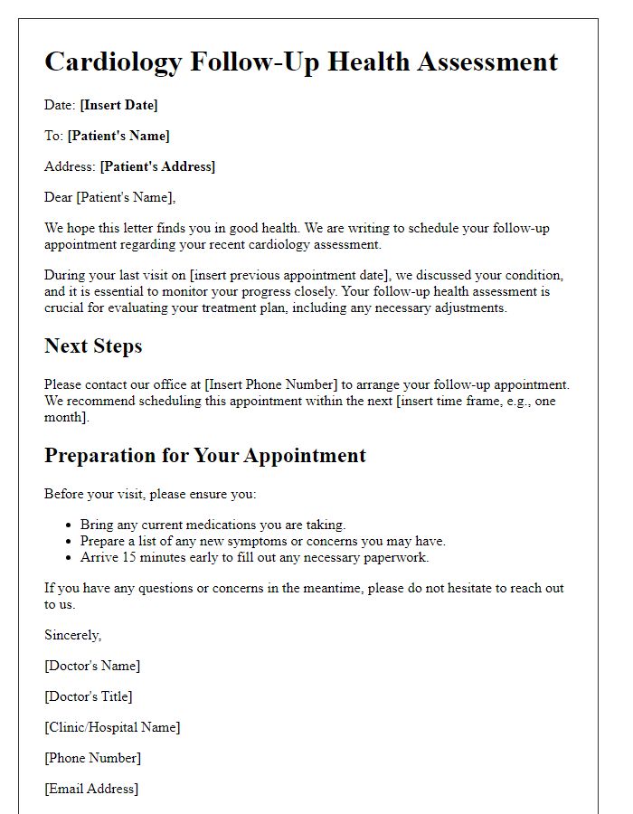 Letter template of cardiology follow-up health assessment.