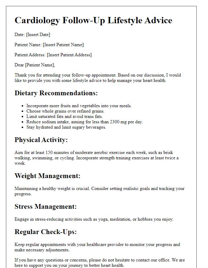 Letter template of cardiology follow-up lifestyle advice.