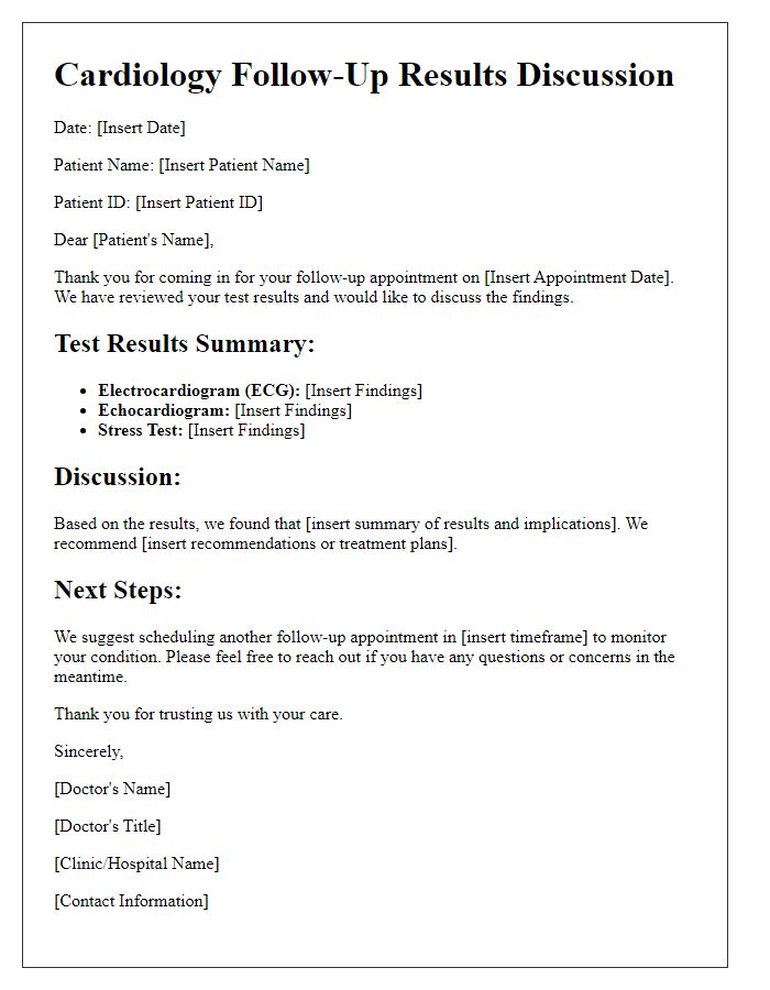 Letter template of cardiology follow-up results discussion.