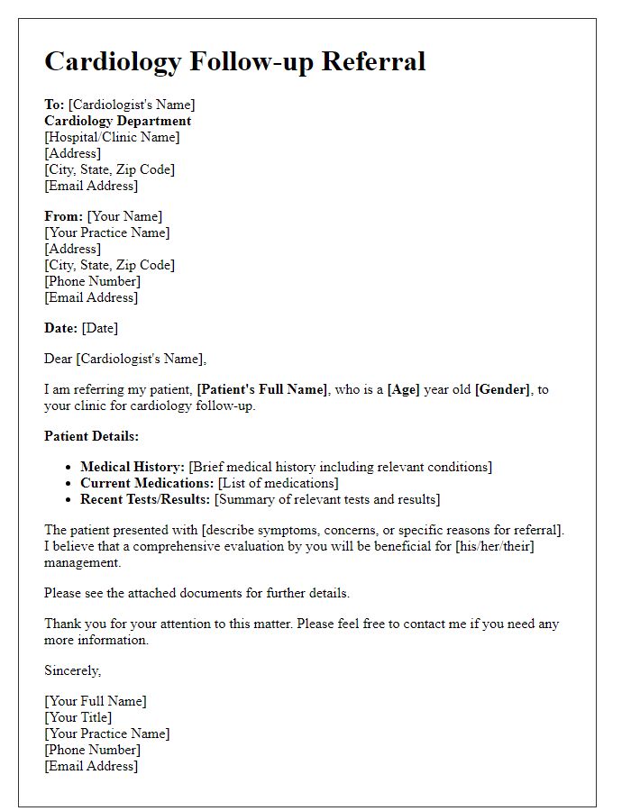 Letter template of cardiology follow-up specialist referral.