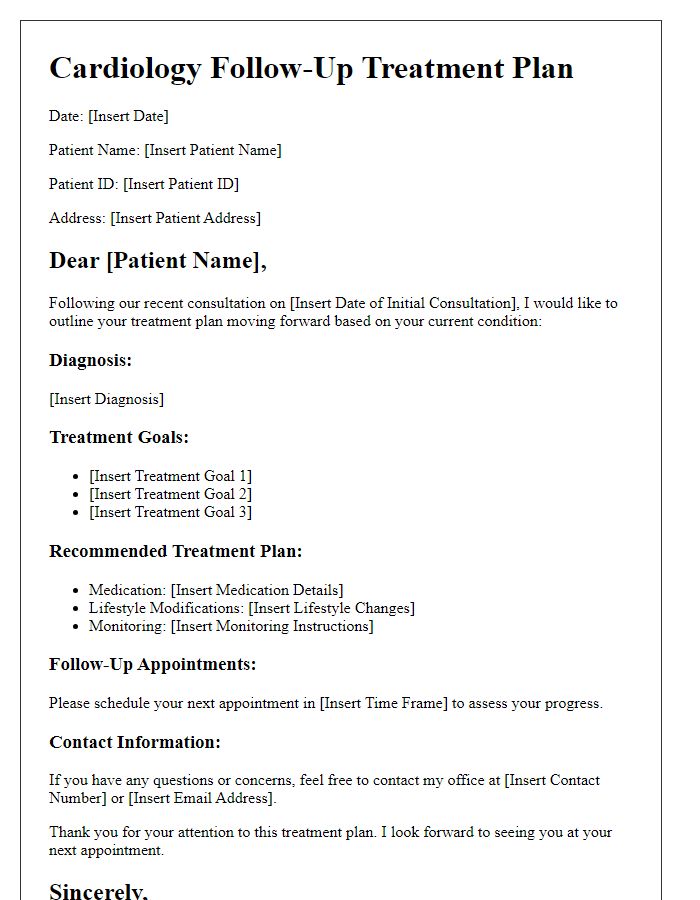 Letter template of cardiology follow-up treatment plan.