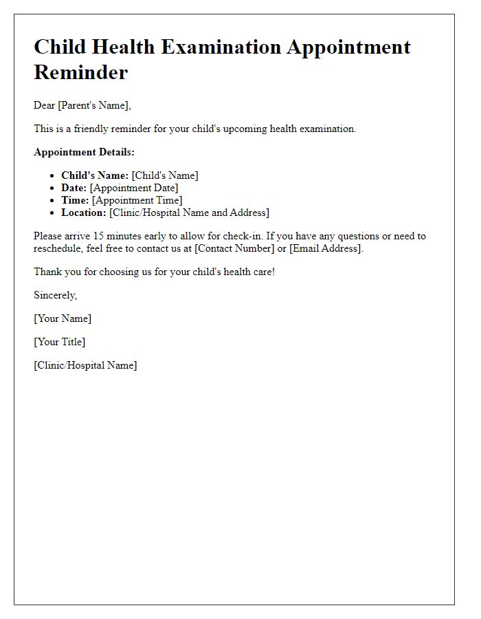 Letter template of child health examination appointment reminder