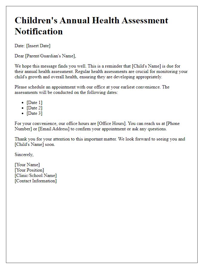 Letter template of childrens annual health assessment notification