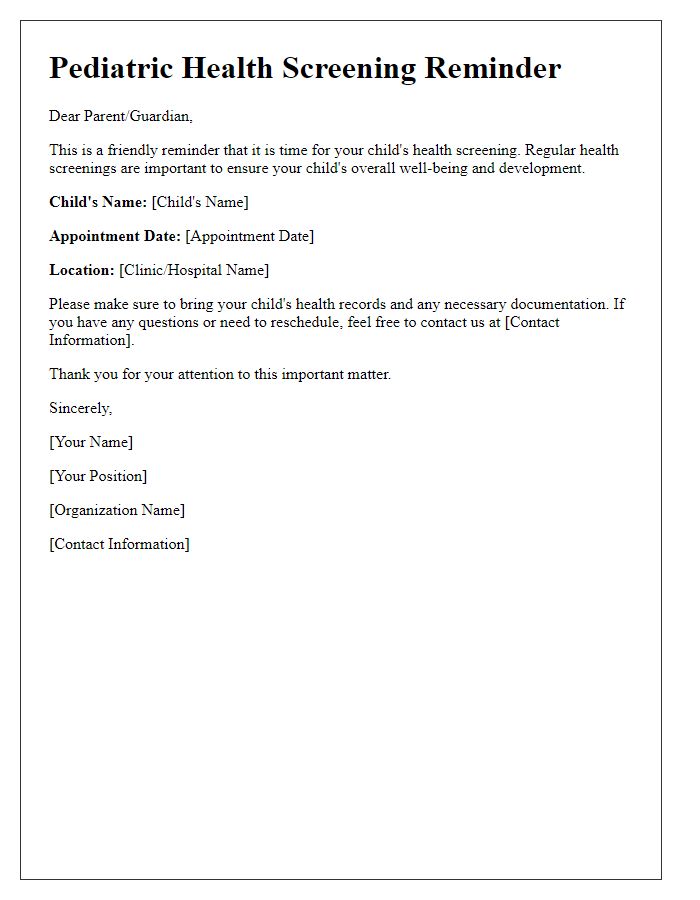 Letter template of pediatric health screening reminder