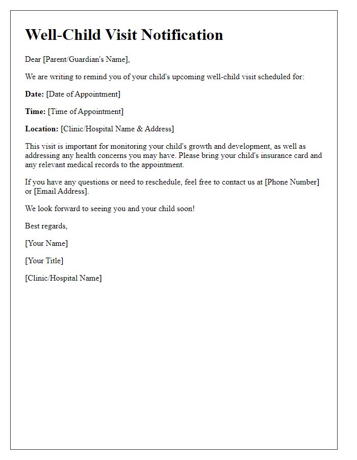 Letter template of upcoming well-child visit notification