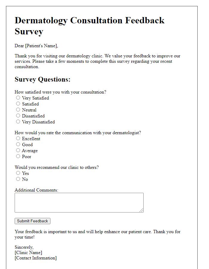 Letter template of dermatology consultation patient feedback survey.