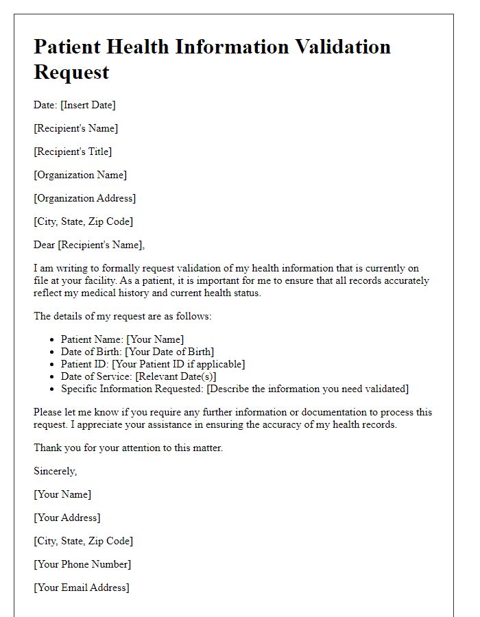 Letter template of patient health information validation request