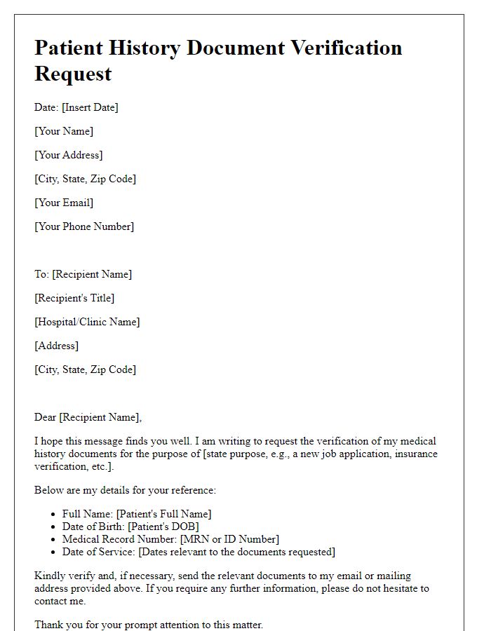 Letter template of patient history document verification request