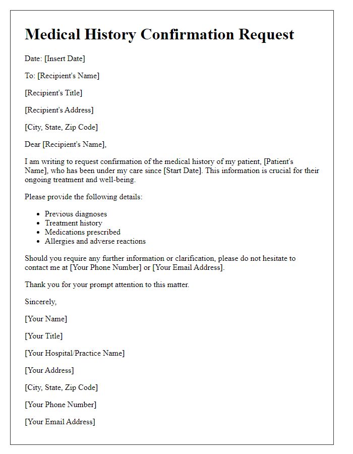 Letter template of patient medical history confirmation request