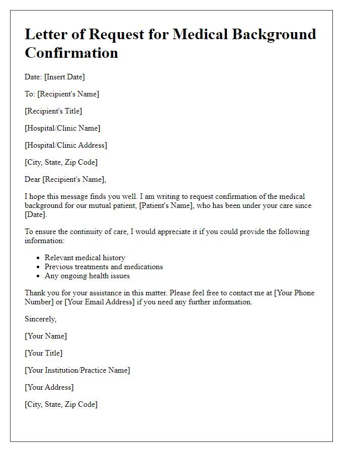 Letter template of request for confirmation of patient medical background